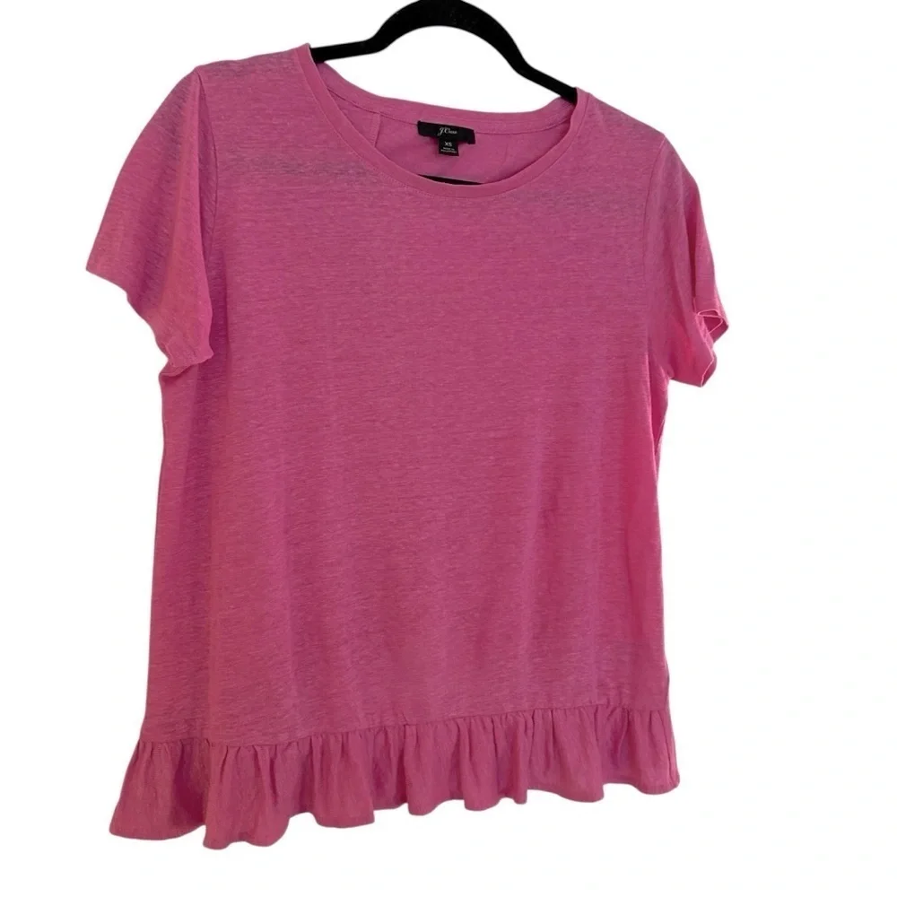 J. Crew 100% linen pink ruffle hem and back short sleeve top XS